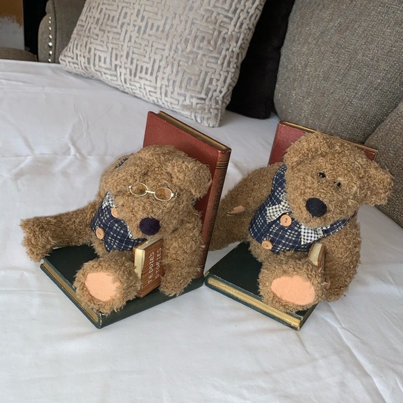Vintage Teddy Bear Wooden and Plush Bookends .. Adorable - Picture 1 of 11